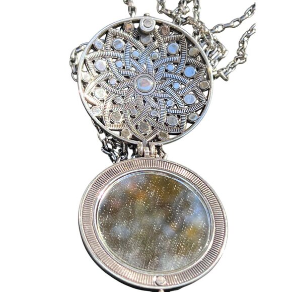 Brighton Silver Tone Long Chain Necklace Mirror Pendant Round Locket 34" Crystal - Picture 4 of 5
